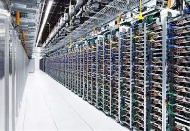 A large cryptocurrency mining farm with rows of high-performance mining rigs operating under optimized network conditions.